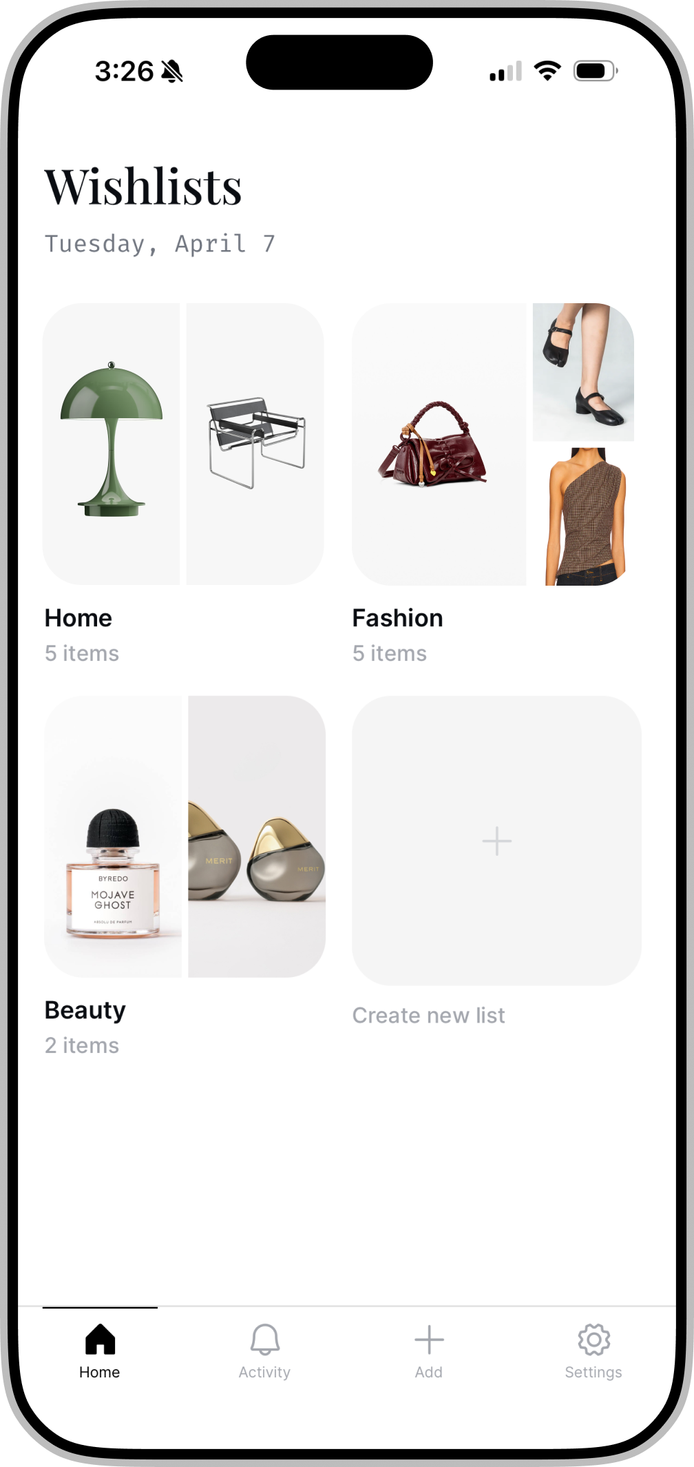 Archive app — wishlist home screen